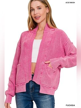 Zenana Washed Dropped Shoulder Cardigan with Side Pockets – Fuchsia 💖🛍️